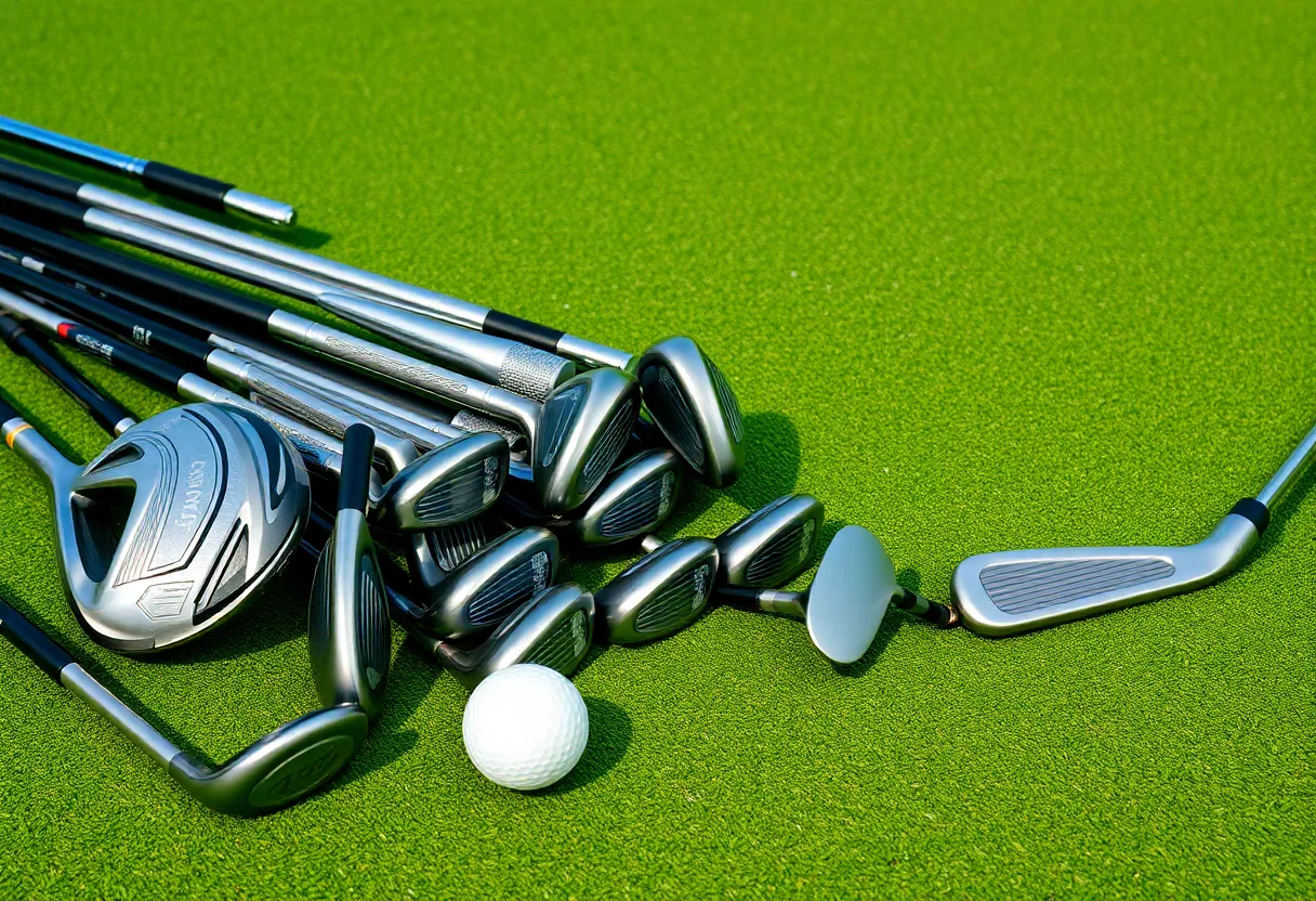 A selection of beginner golf clubs on a course