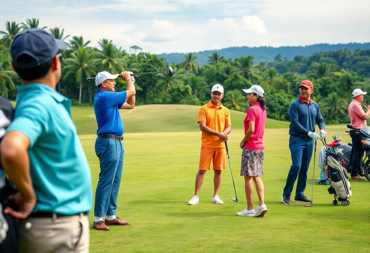 Golf players in Indonesia practicing with various golf equipment in a lush green setting.