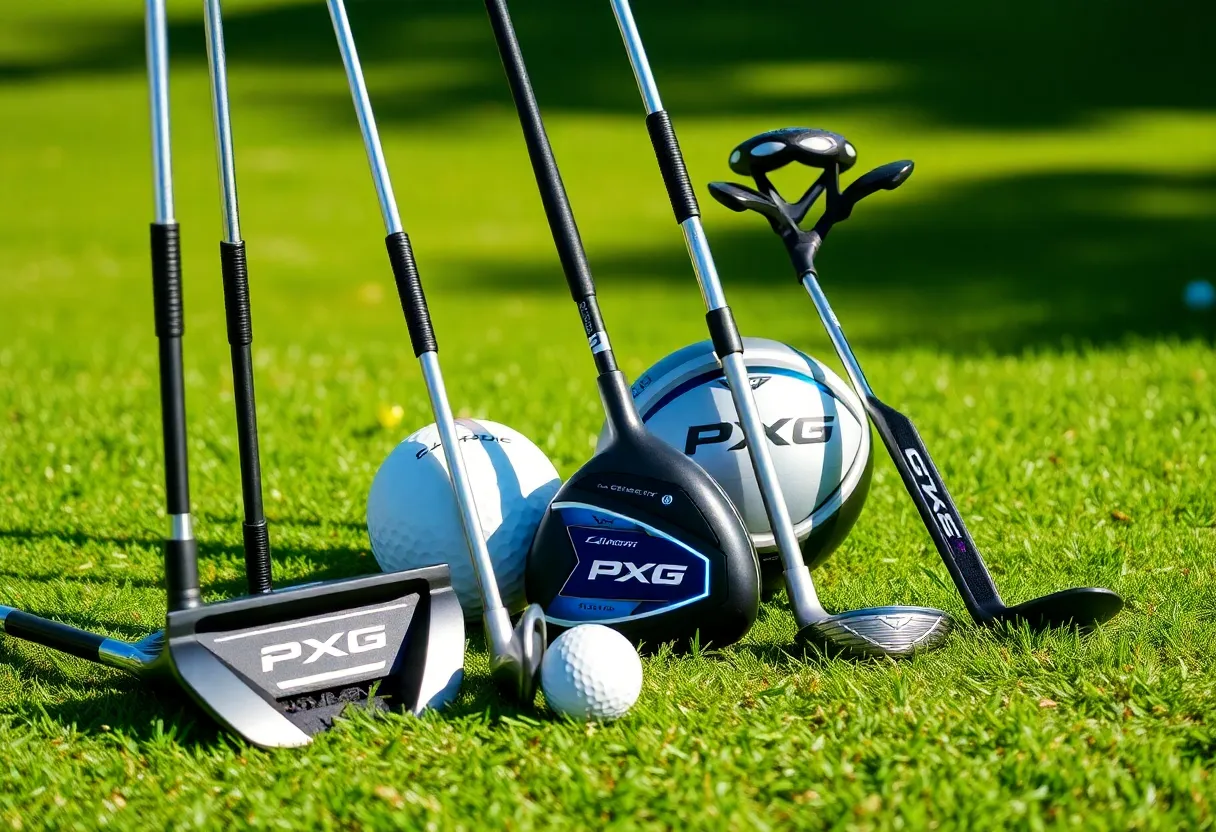 Display of PXG's new 2025 golf equipment including clubs and putters
