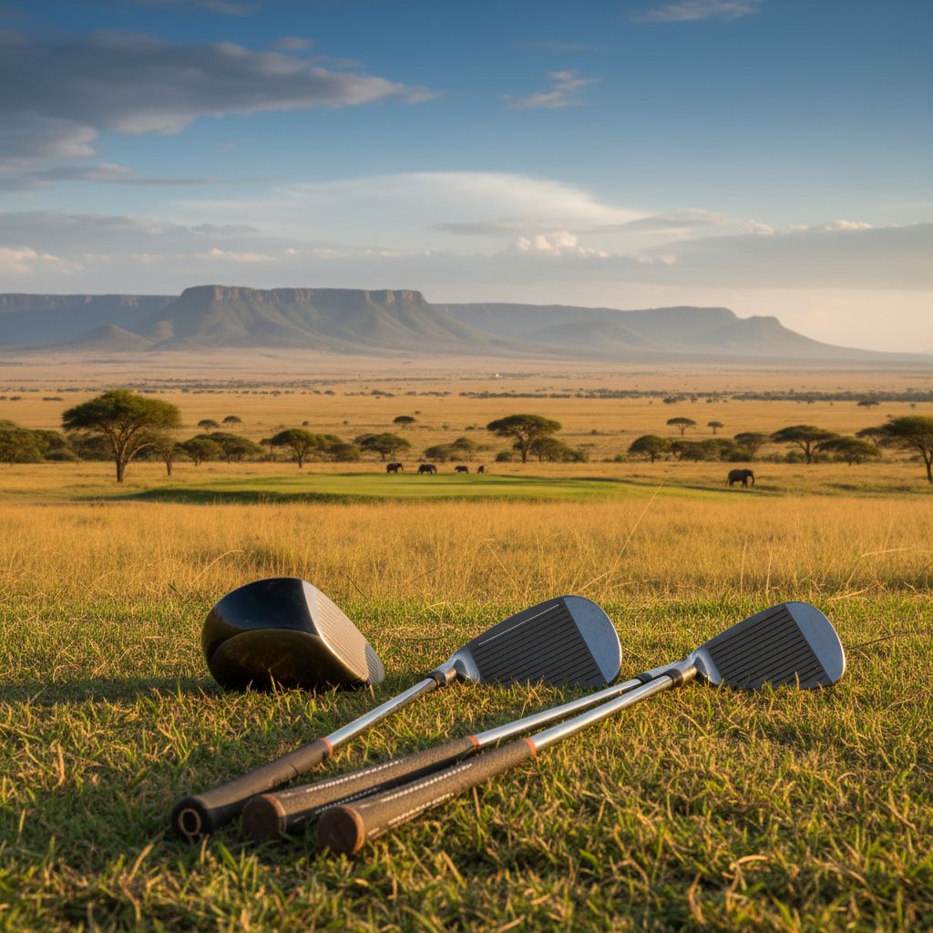 Golf clubs displayed in an African landscape