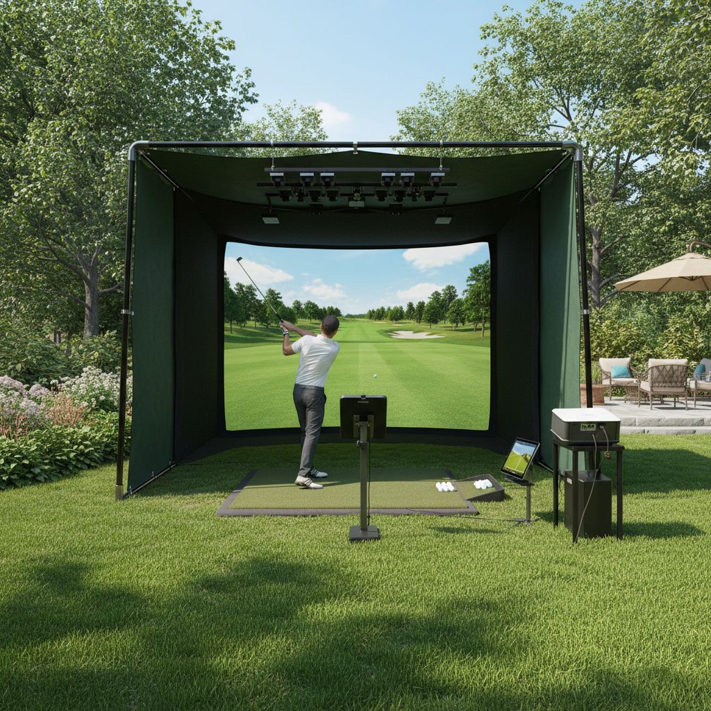 A custom-installed golf simulator in a modern backyard
