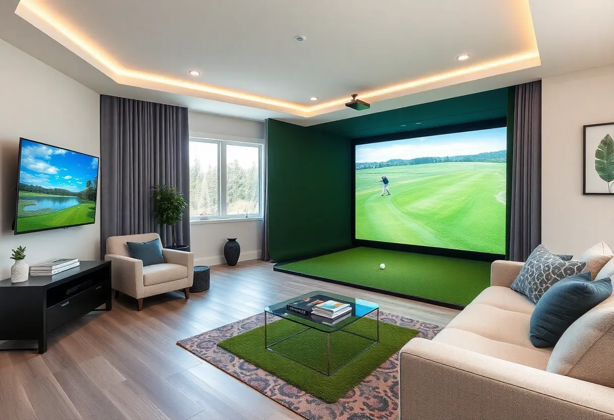 A golf simulator set up in a modern, small living space.