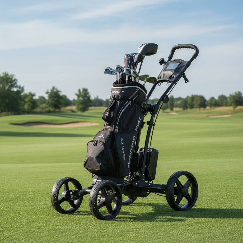 Top electric golf push carts positioned on the green