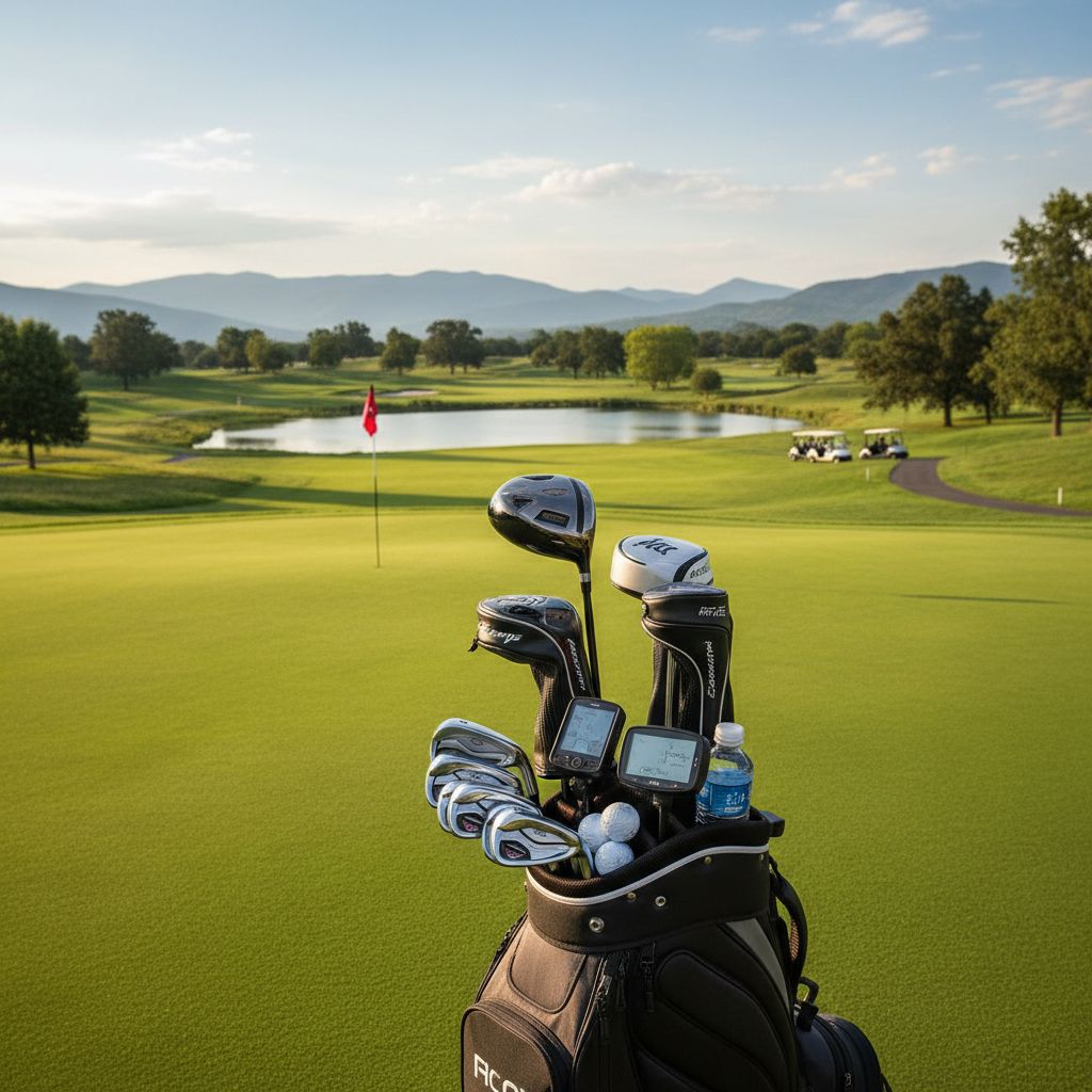 Golf clubs and equipment on a golf course