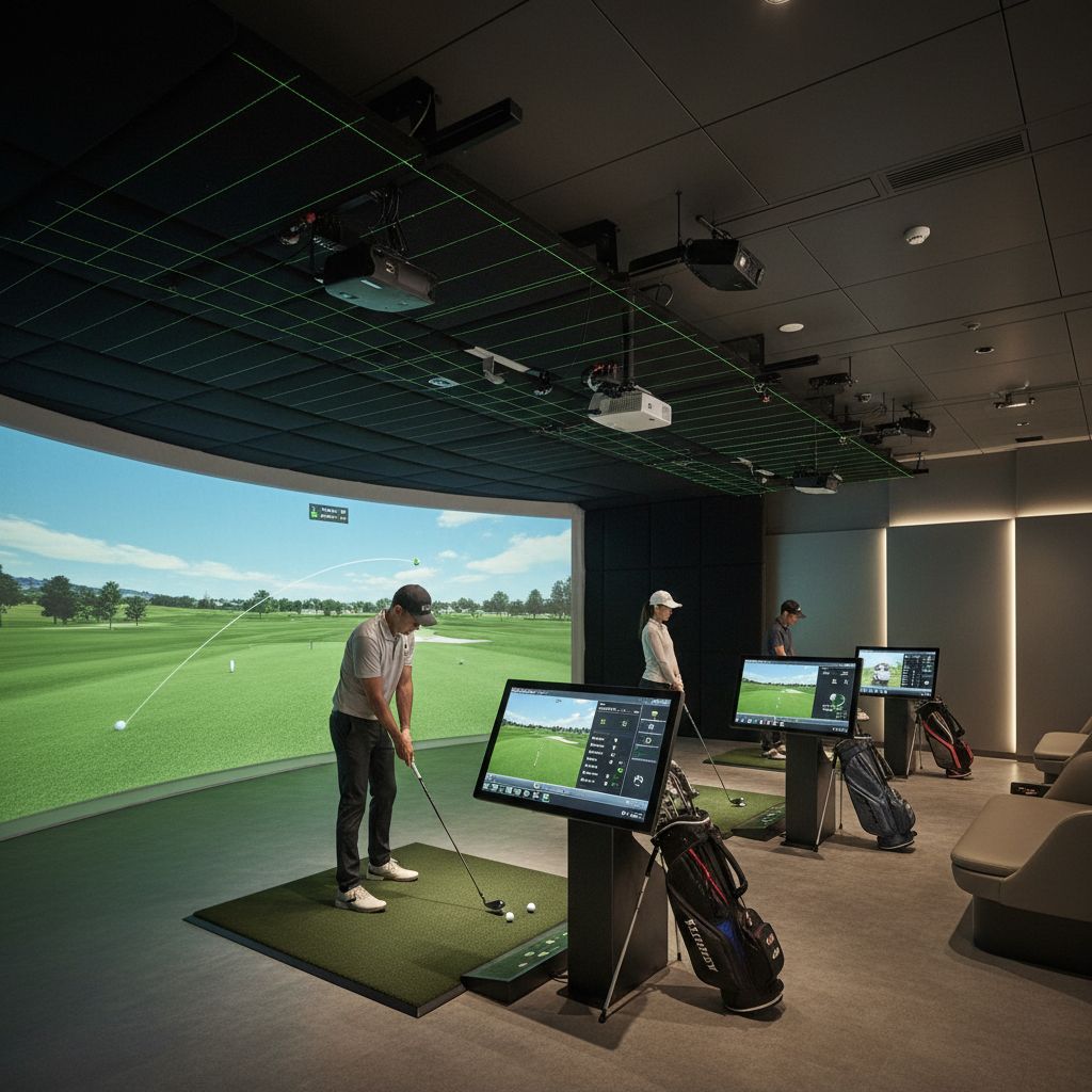 Serious golfers using golf simulation equipment at Golf Envy franchise in Albuquerque.