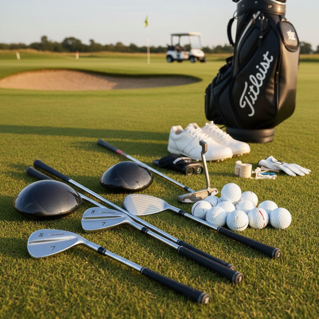 Golf clubs and equipment displayed at a golf course