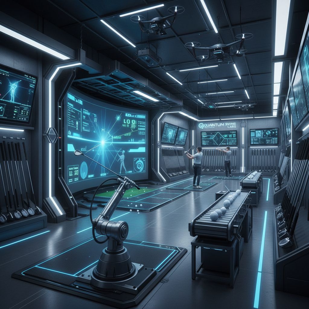 Inside view of a golf equipment testing facility with golfers testing clubs.