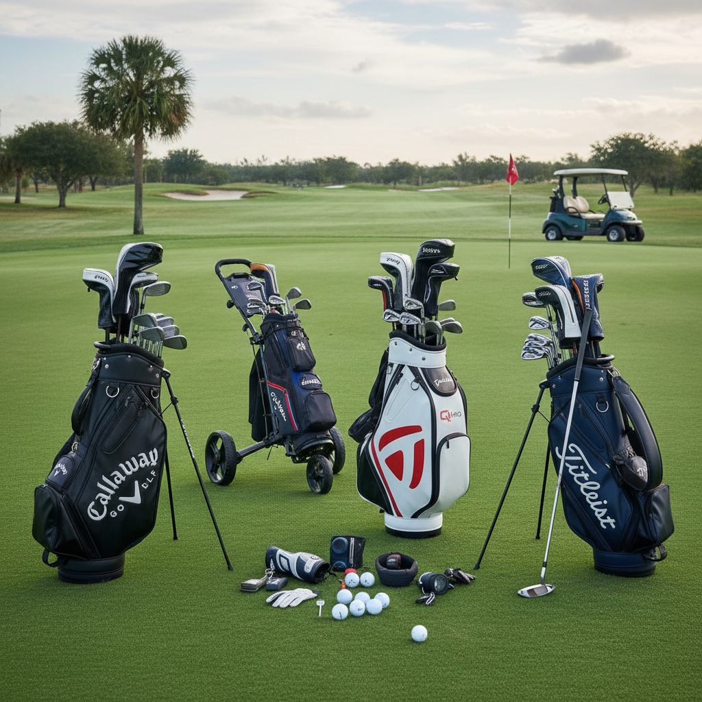 Golf equipment showcasing various brands and products