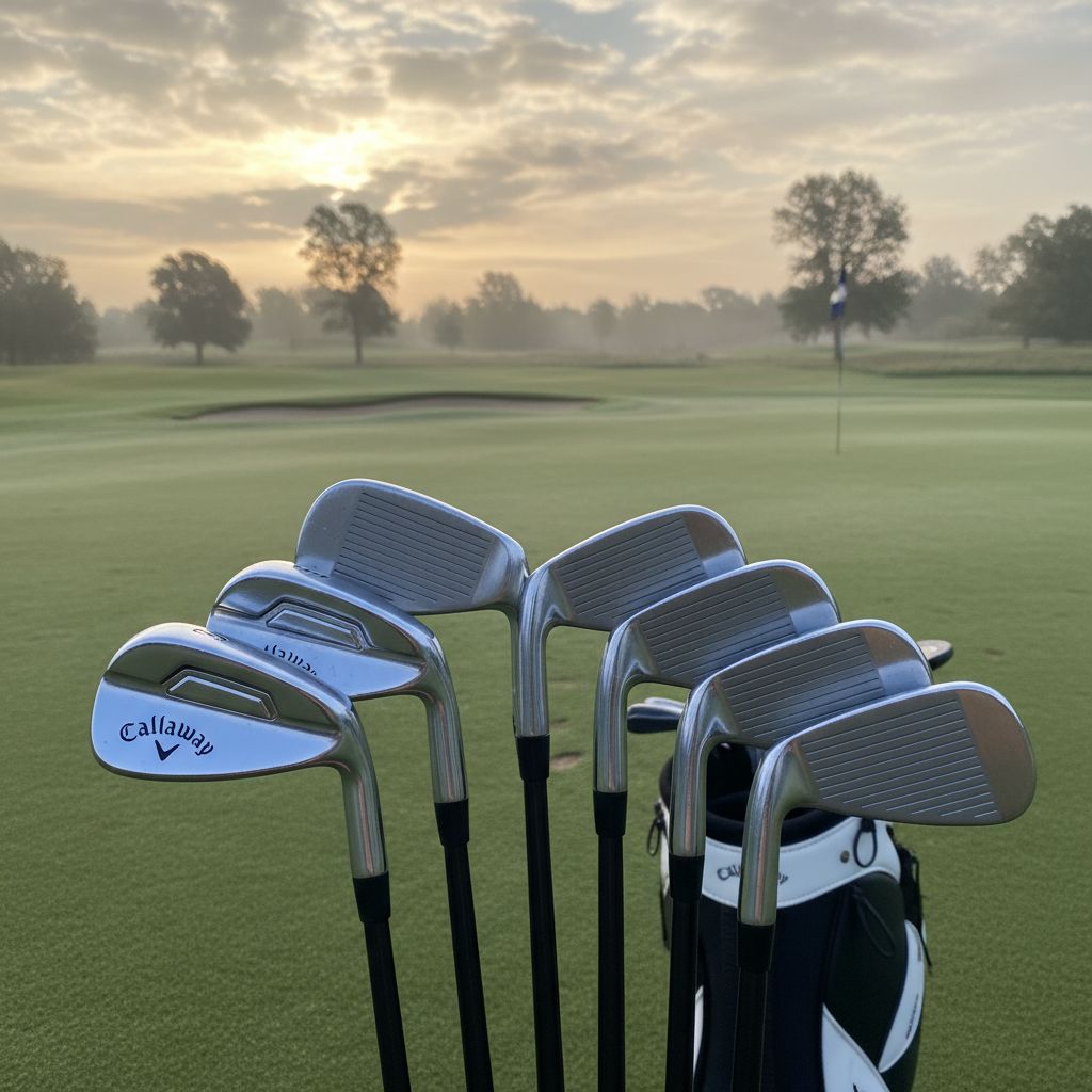 Selection of various golf irons laid out on a green background.