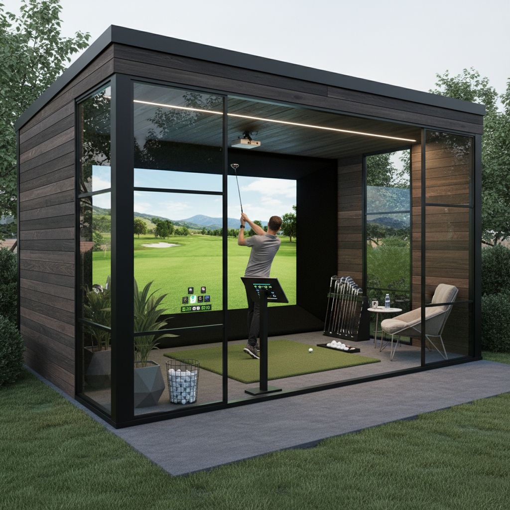 A golf simulator shed designed for all-weather golfing practice