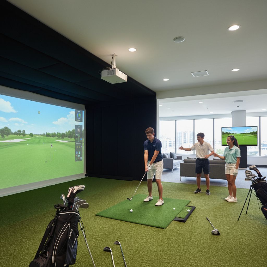 Students playing on a golf simulator at Unified Bank Jr. Rec Center during a snow day.