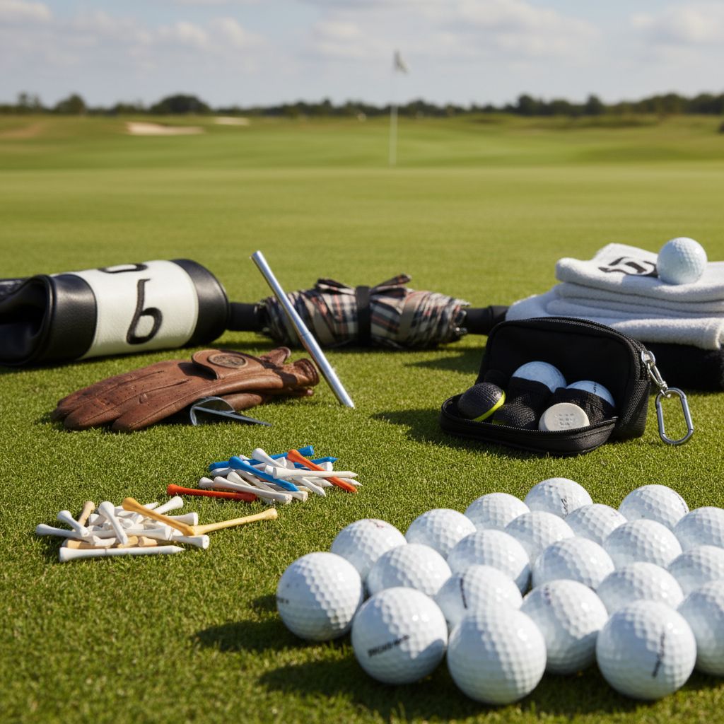 A collection of affordable golf stocking fillers including balls, tees, and accessories