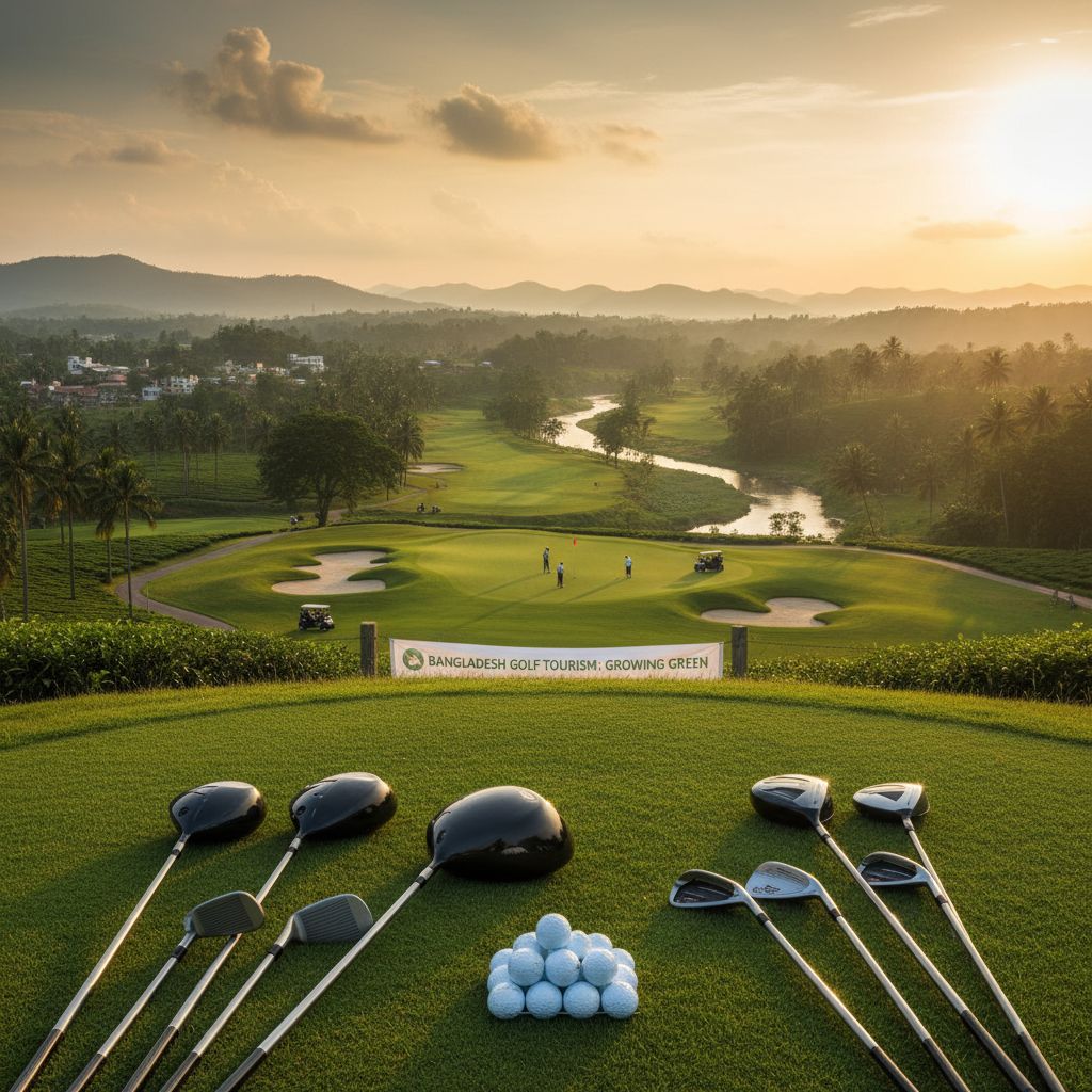 Golf equipment including clubs and balls representing tourism growth in Bangladesh.