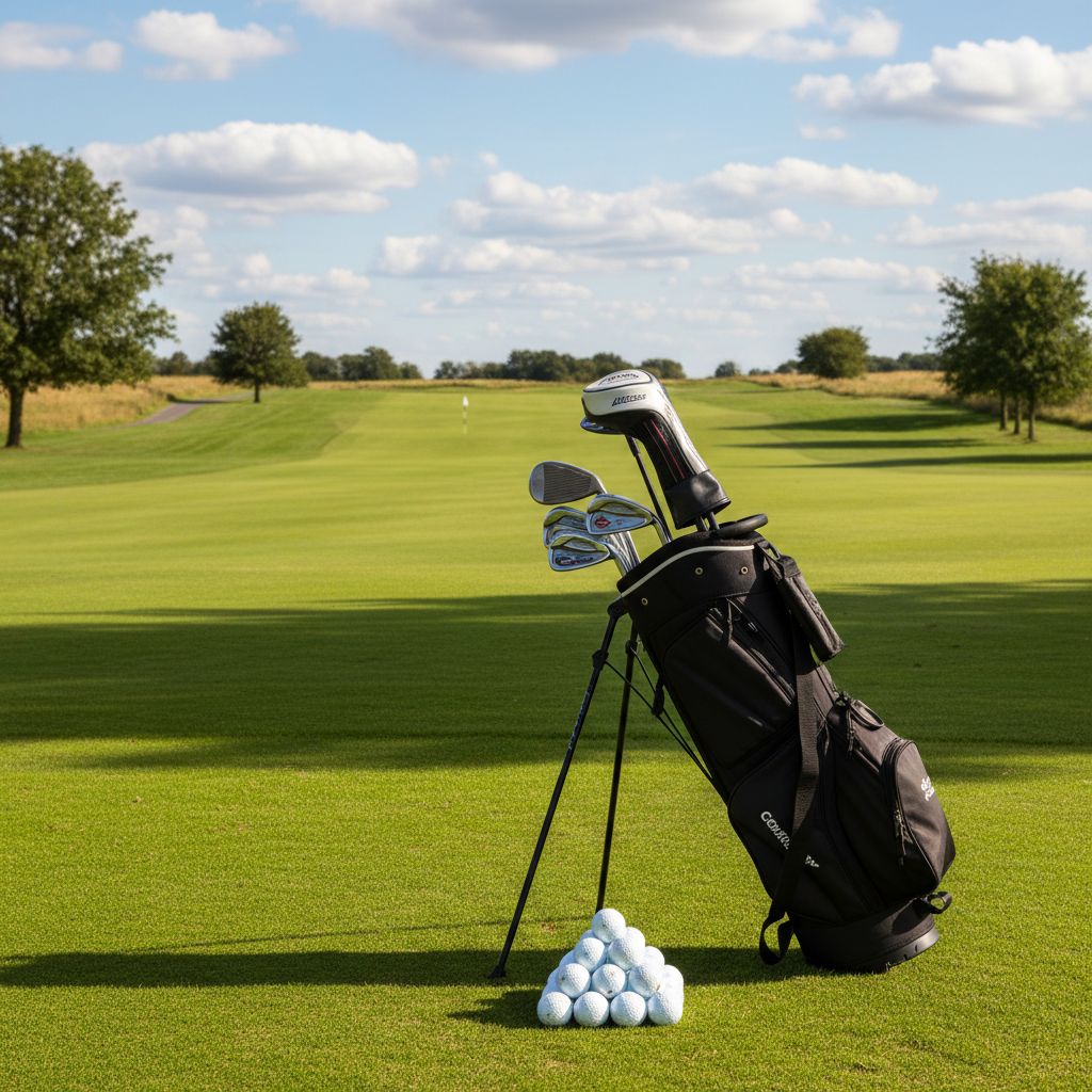 Golf clubs and golf balls on a course