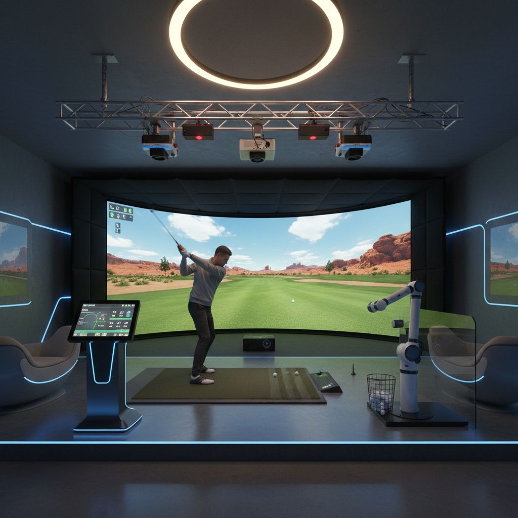 A golfer using a Golfzon simulator to play a virtual round of golf indoors