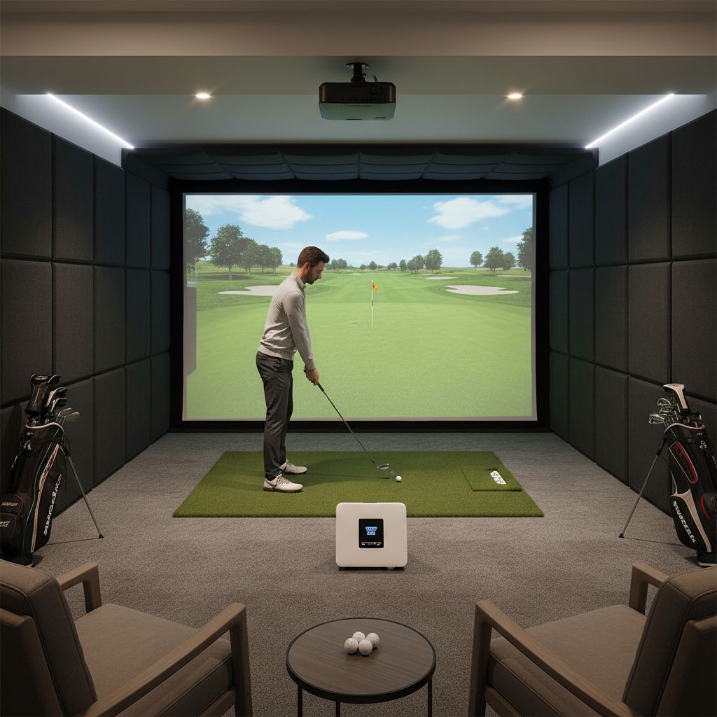 A modern home golf simulator with a projector and launch monitor.