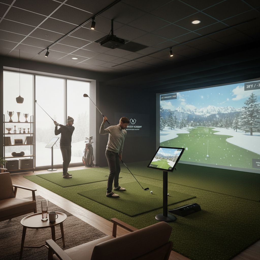 Golfers using an indoor golf simulator in winter