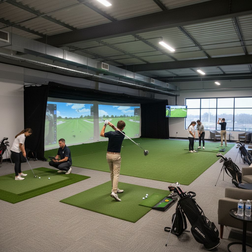 Students engaged in indoor golf simulation at Unified Bank Jr. Rec Center