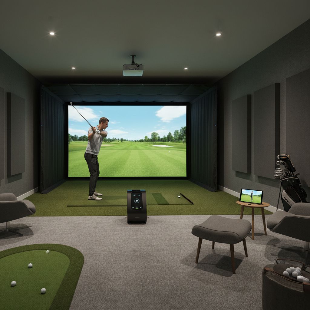 An indoor golf simulator setup showcasing screens and equipment