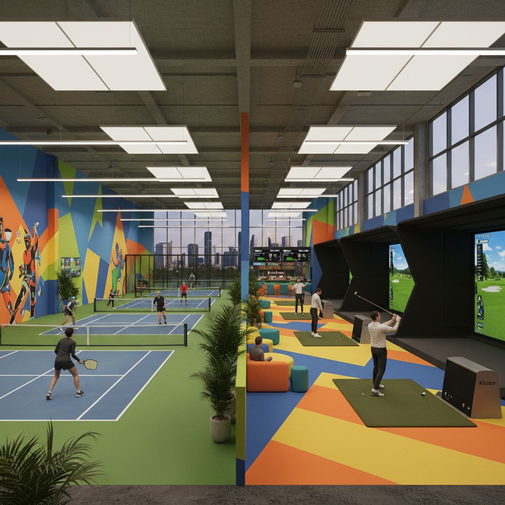 Indoor pickleball courts and golf simulators at Bounce in Biddeford