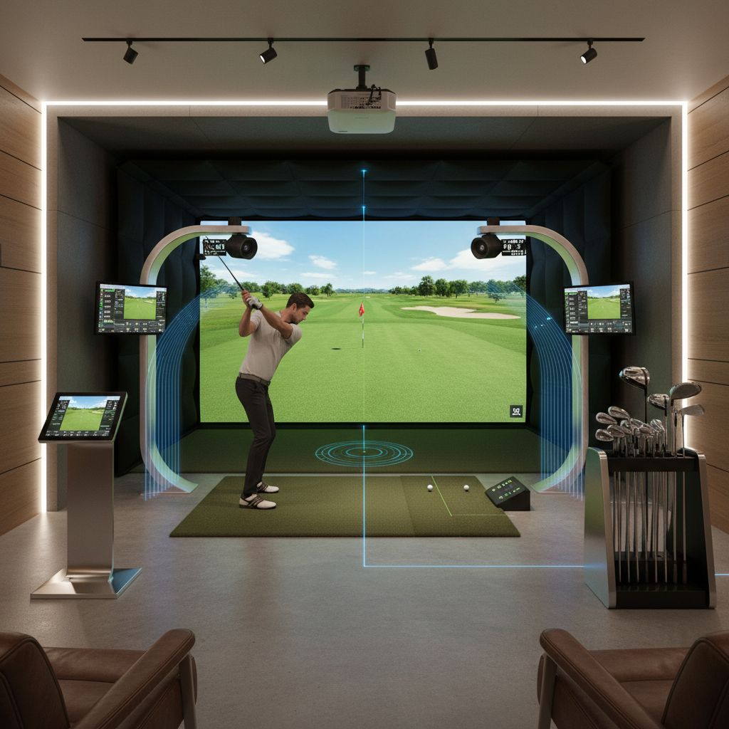 Interior of the new Iron & Ember Golf Simulator venue in Tuscaloosa showing Golfzon simulator bays