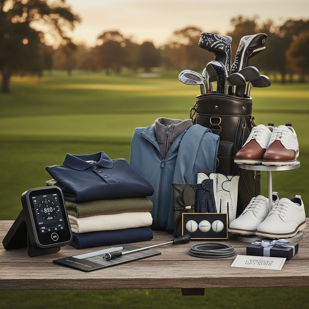 Selection of golf training aids and apparel for gifting.