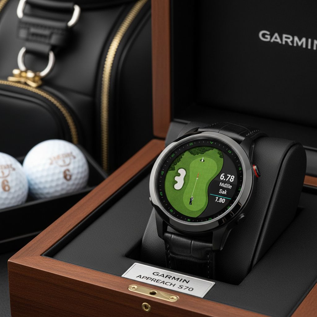 A collection of luxury golf gifts including tech gadgets and apparel.