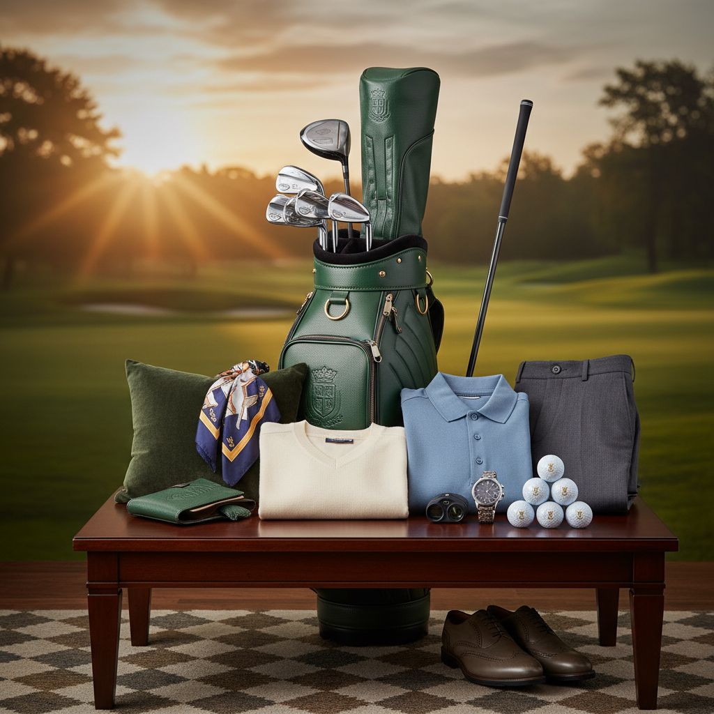 Collection of luxury golf gifts including apparel and accessories