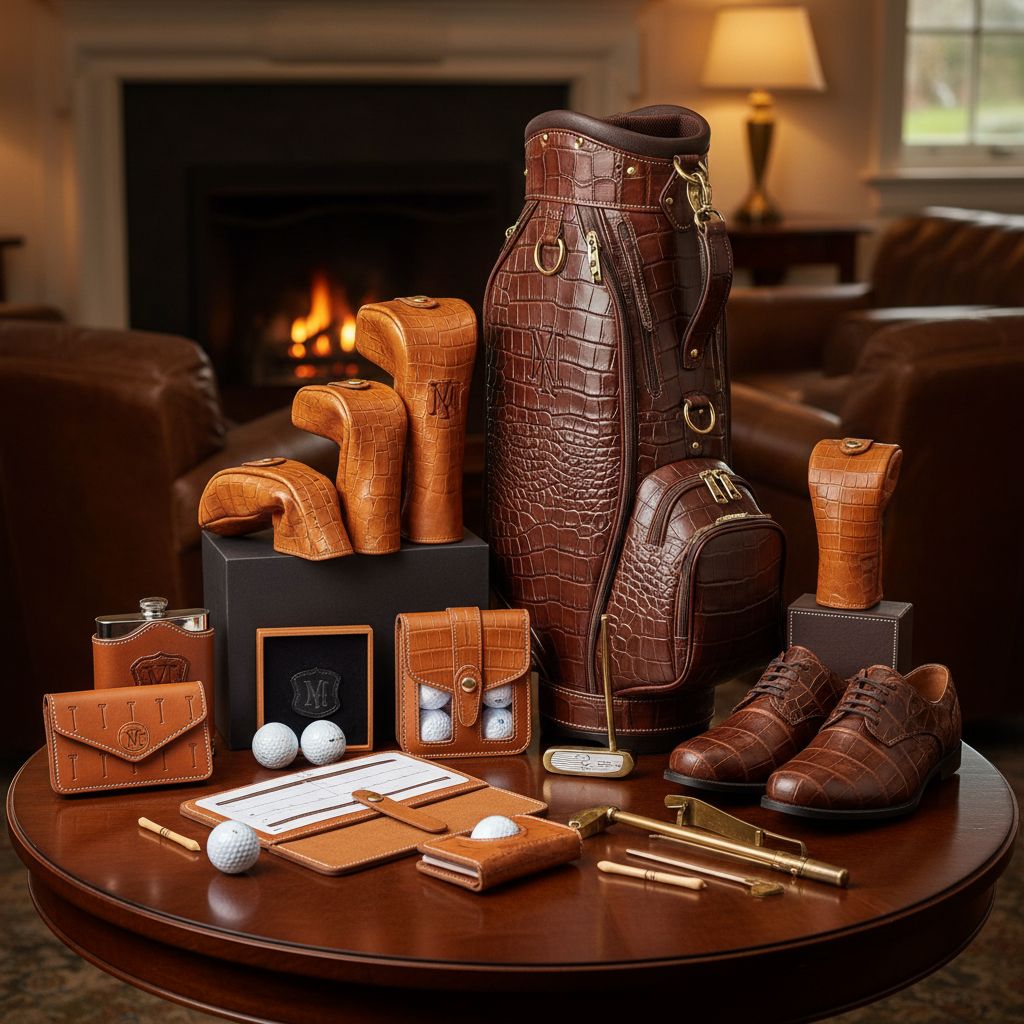 A selection of luxury golf gifts including leather gloves and accessories