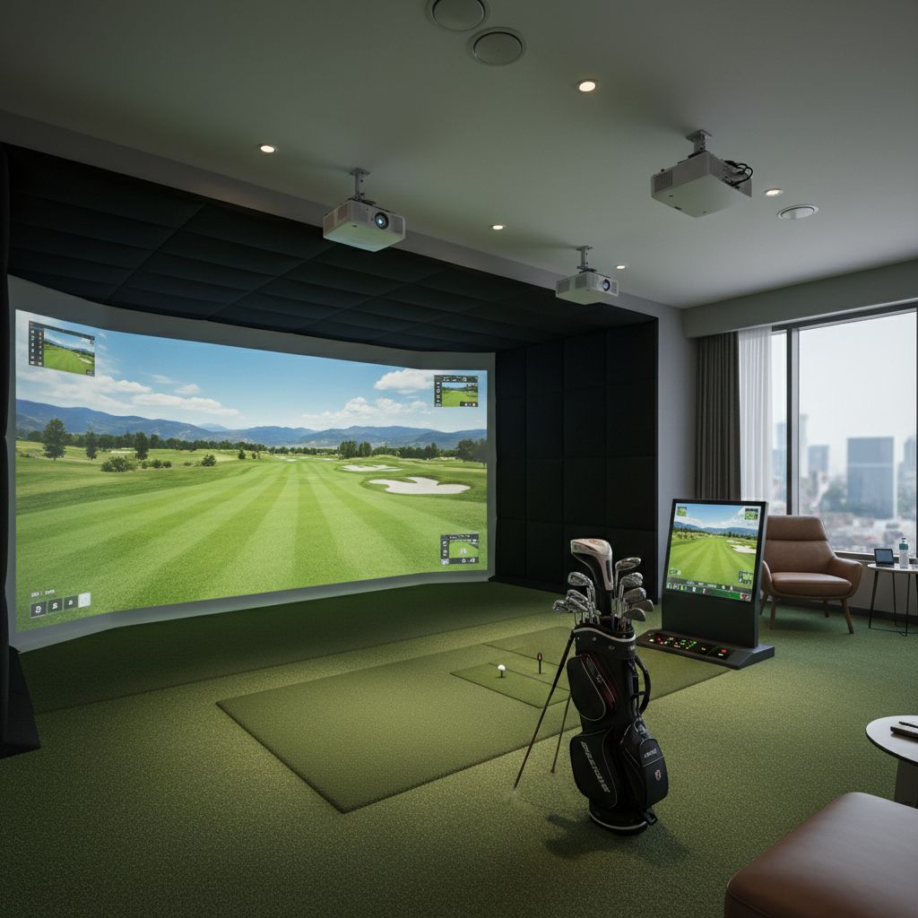 Interior view of a golf simulator facility in Maidenhead.