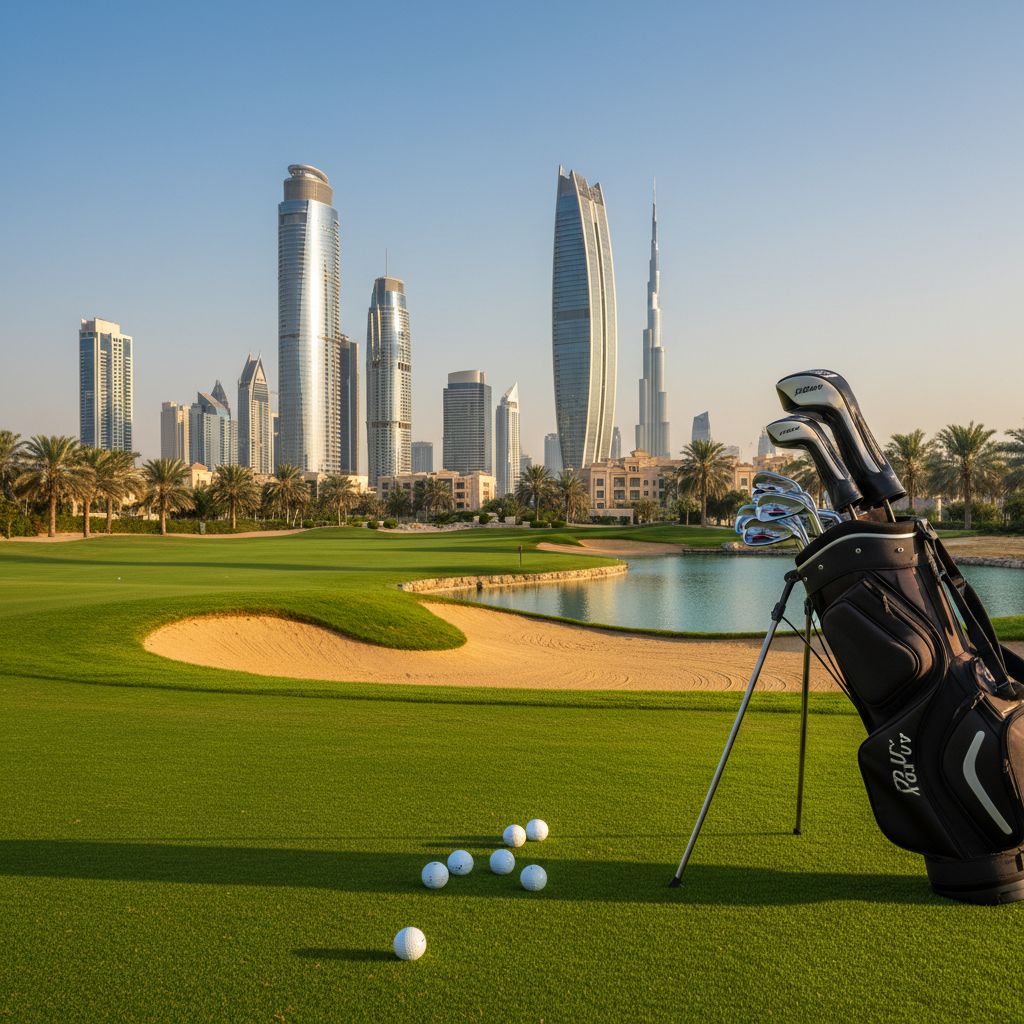 Golf clubs, balls, and bags on a Dubai golf course