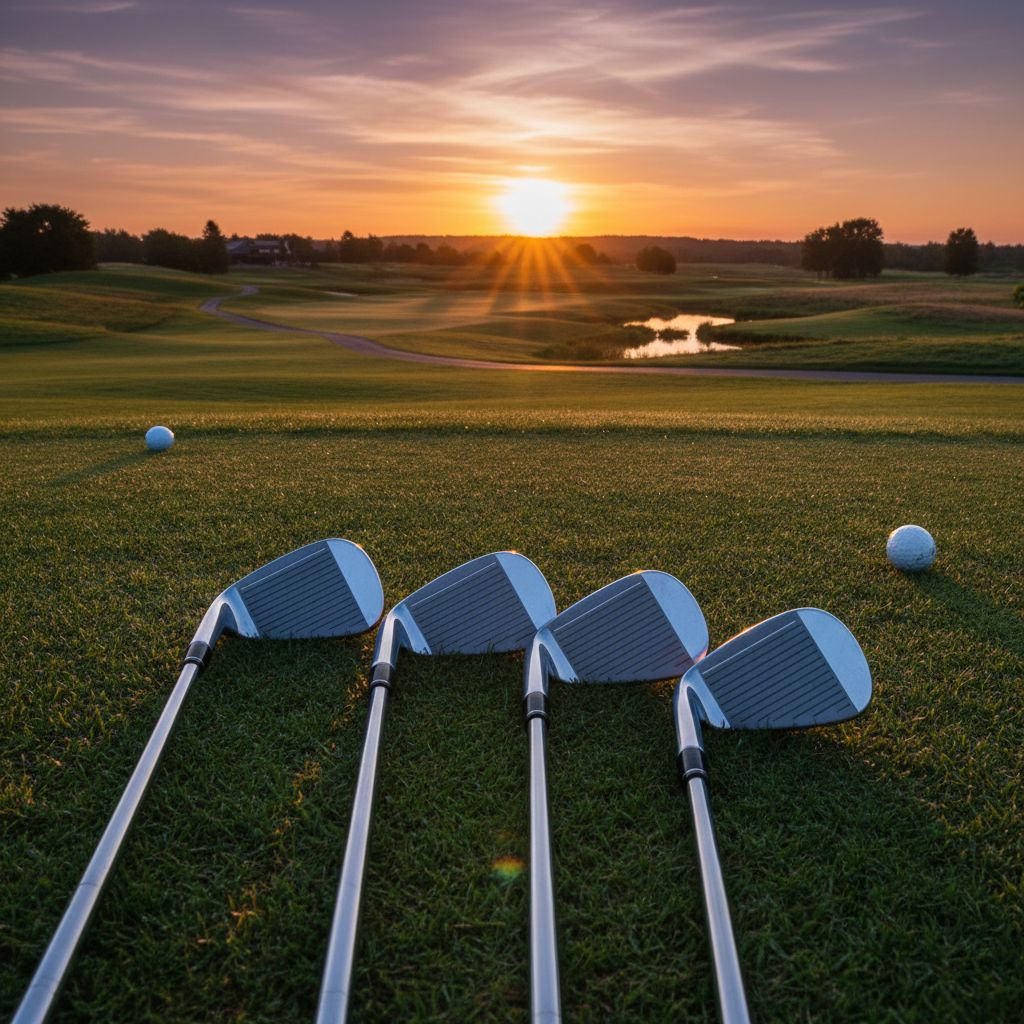 Set of modern golf irons arranged on a golf course