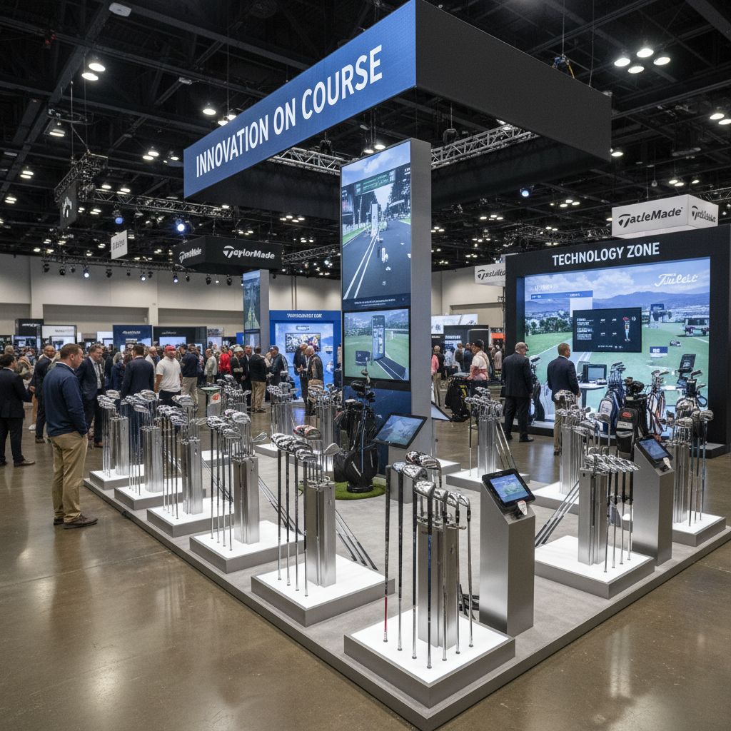 Enhanced testing area at the PGA Show showing various golf equipment.