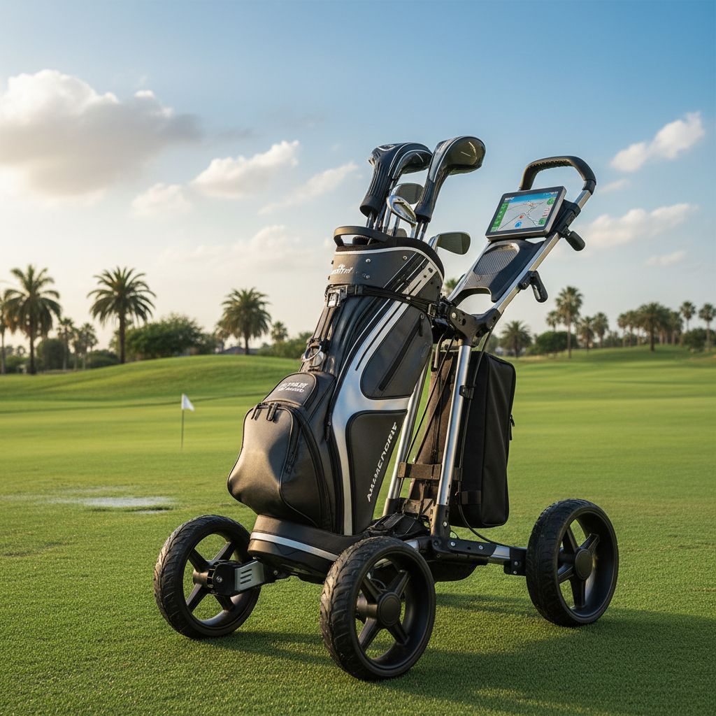 PowaKaddy FX1 and CT6 electric golf trolleys on a golf course