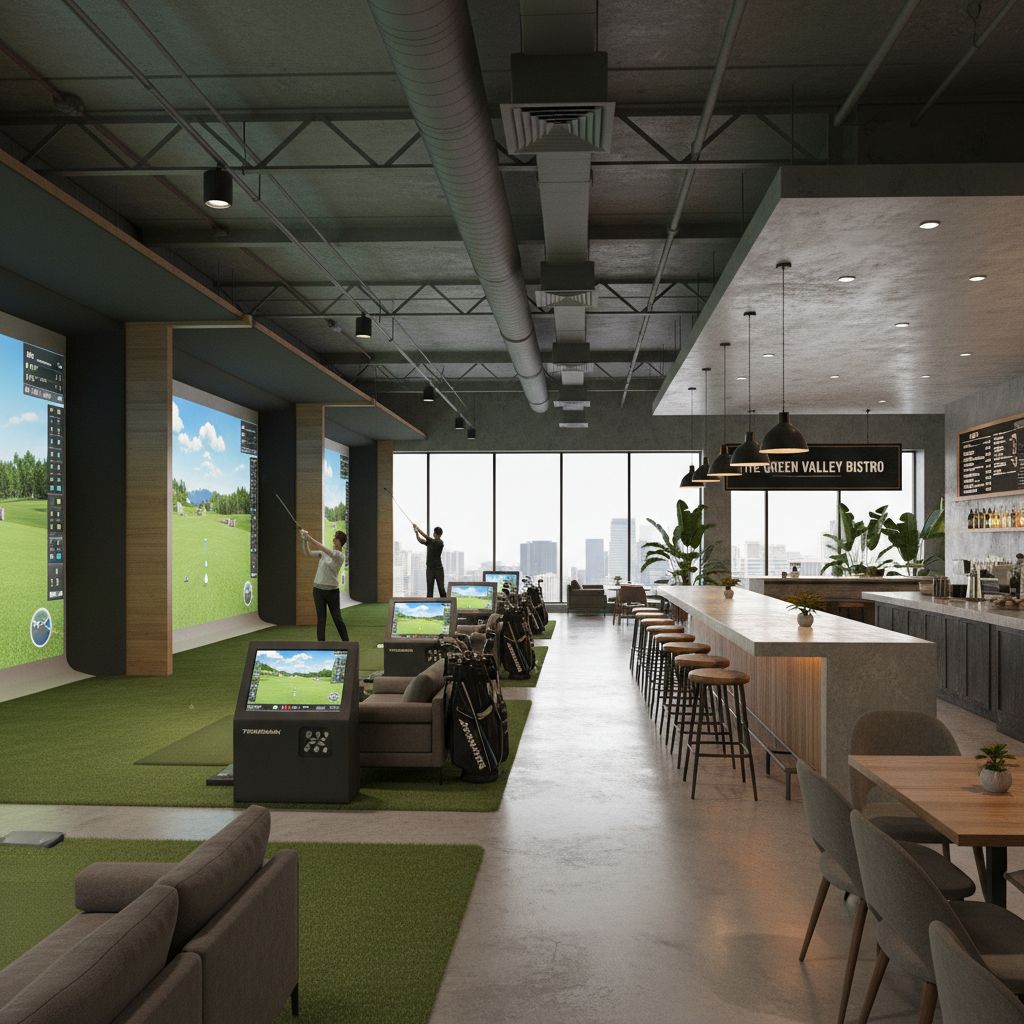 Inside view of the RUFF Dreieich indoor golf venue with simulators