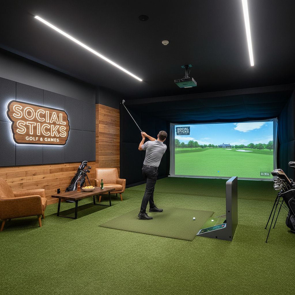 Interior view of Social Sticks showcasing golf simulators