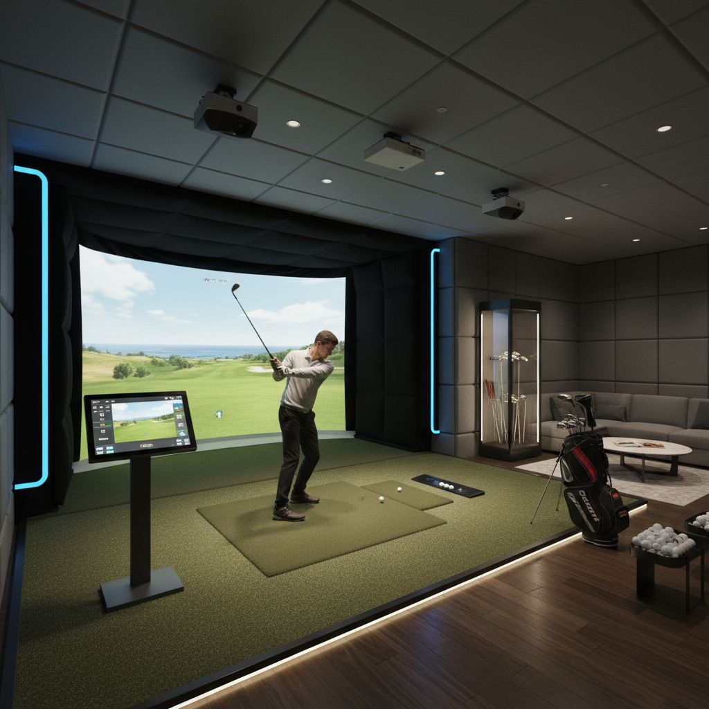 Indoor golf arena featuring advanced simulators and golf equipment