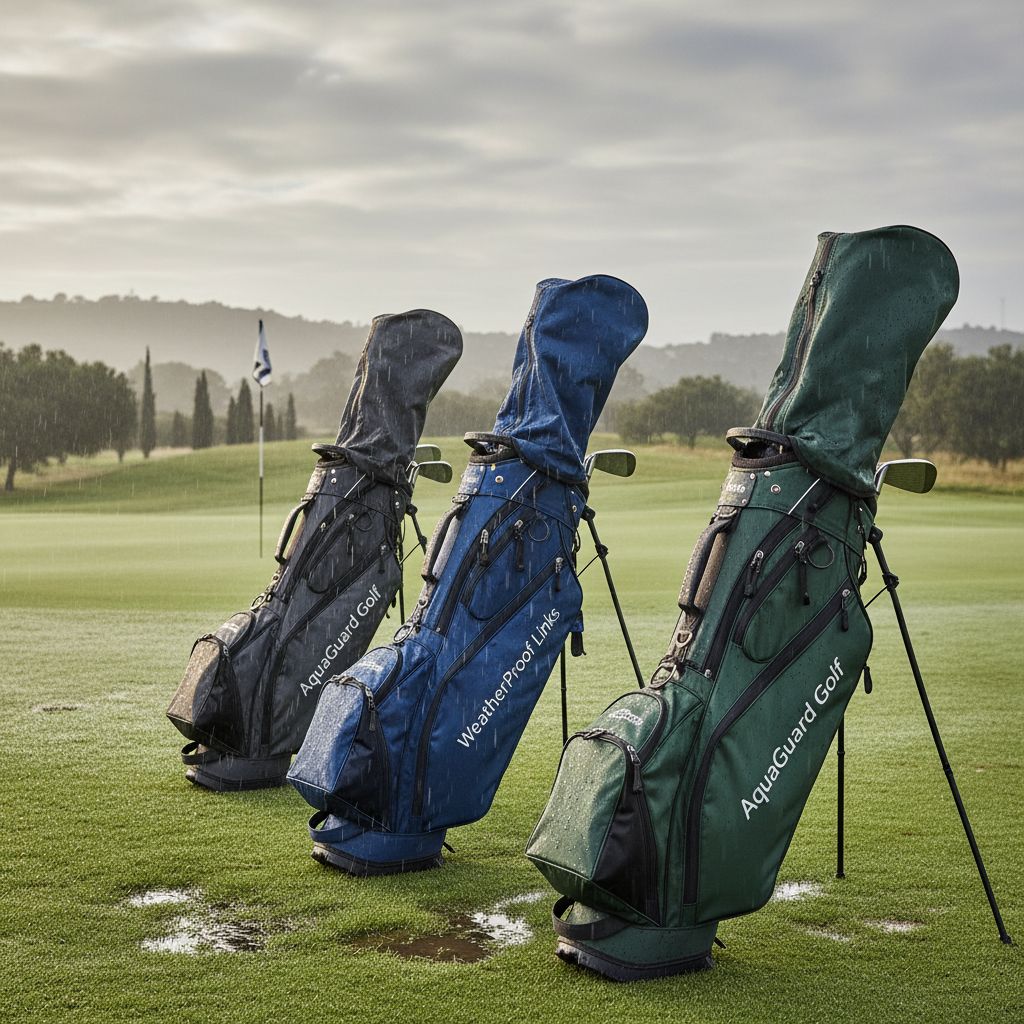 A selection of waterproof golf bags designed for rainy weather.