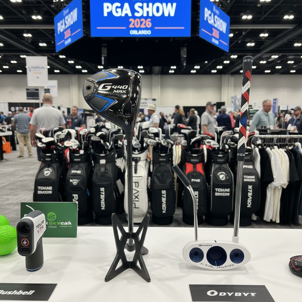 Showcasing Ping G440 Max 9-wood, Odyssey putter, and Bushnell rangefinder.