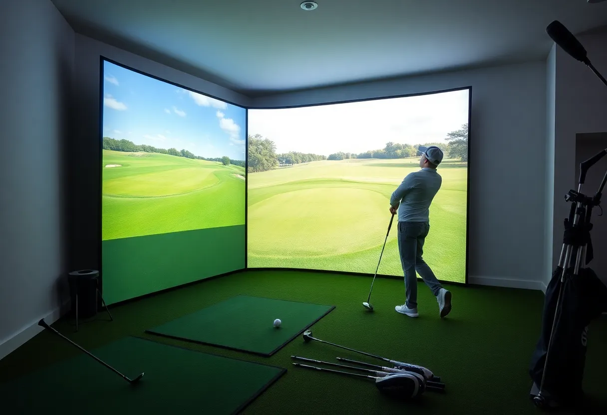 Indoor setup of an affordable golf simulator with a golfer using the simulator.