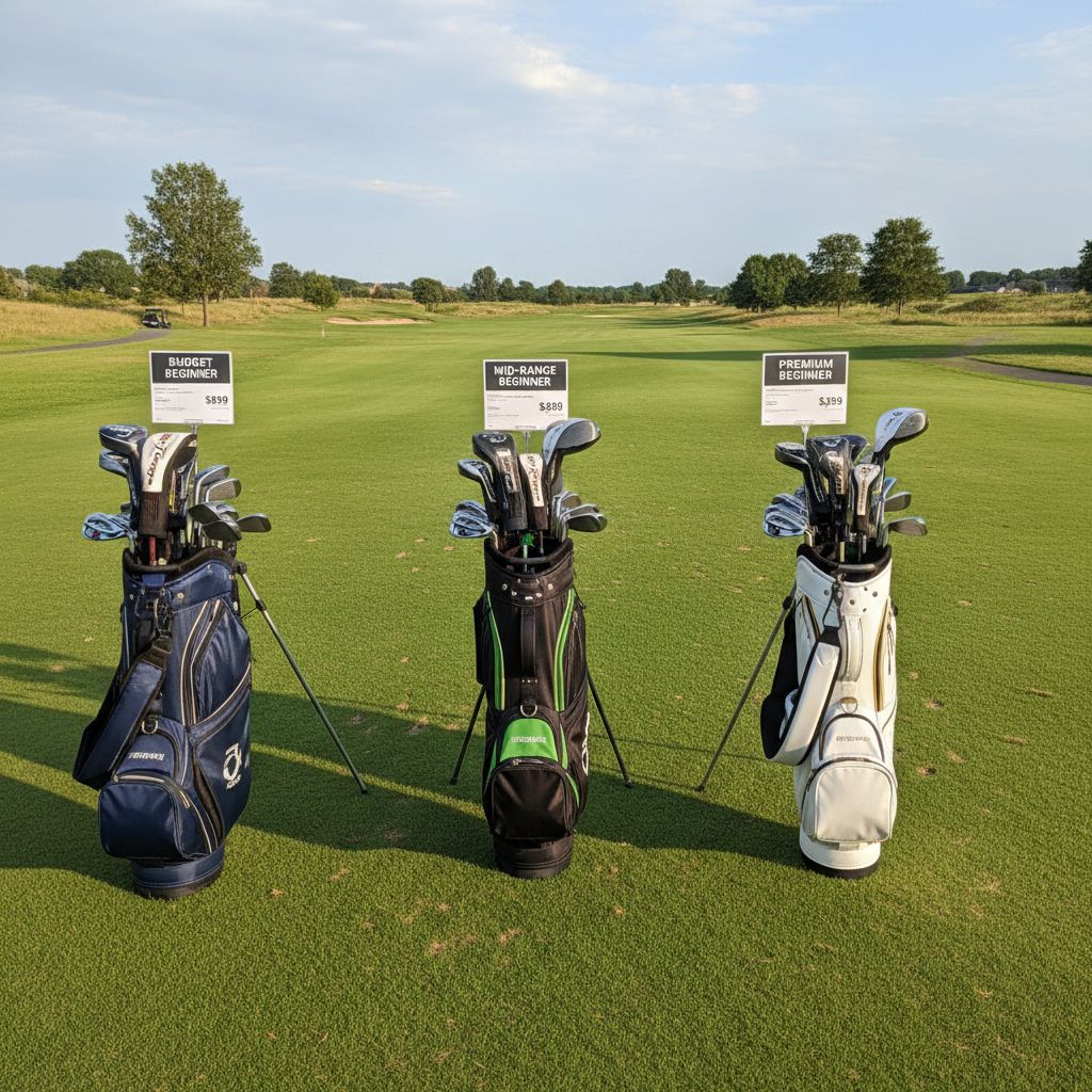 A range of beginner golf club sets displayed on a golf course