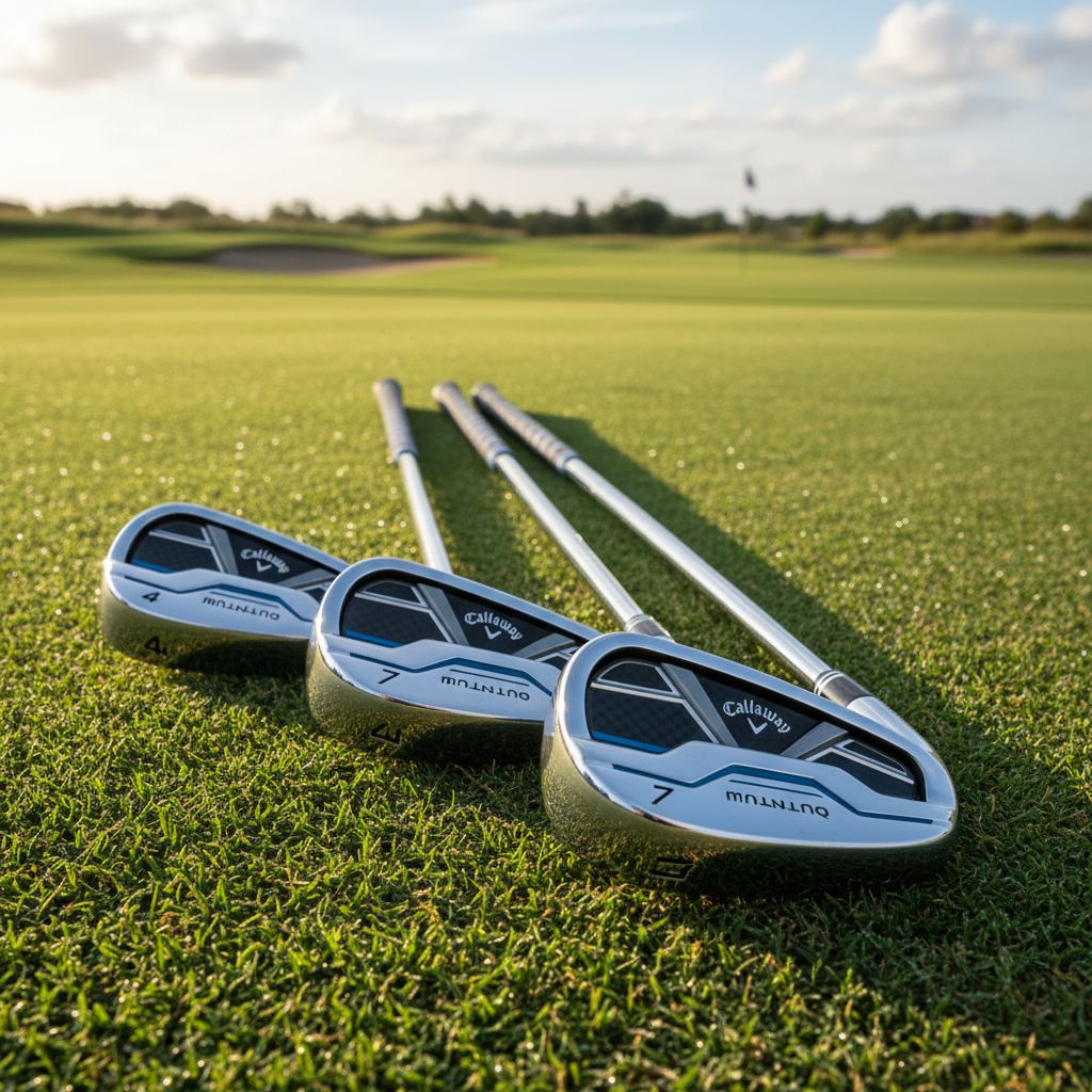 New Callaway Quantum irons displayed on a tee