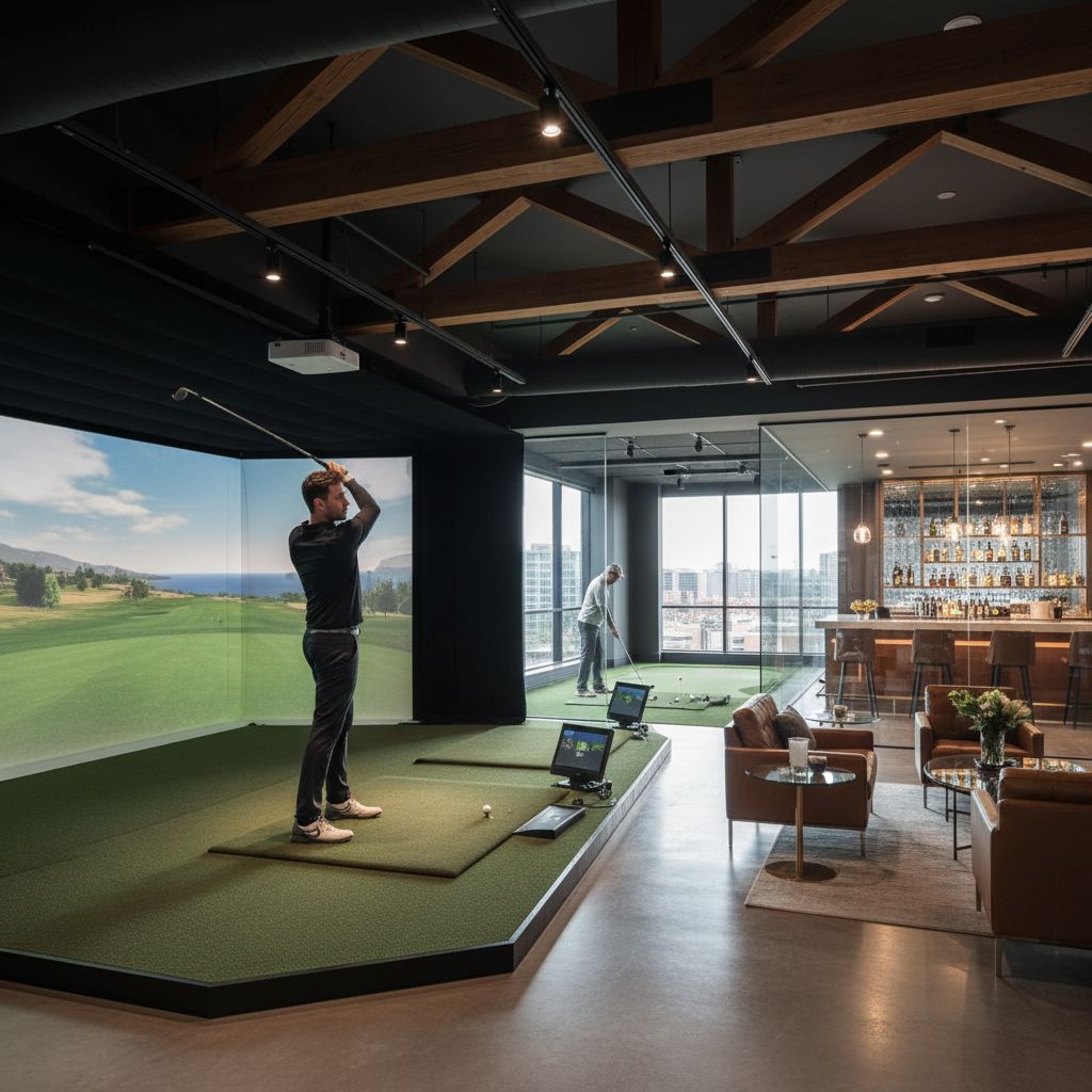 A golfer using a golf simulator in the new clubhouse at Columbus State University