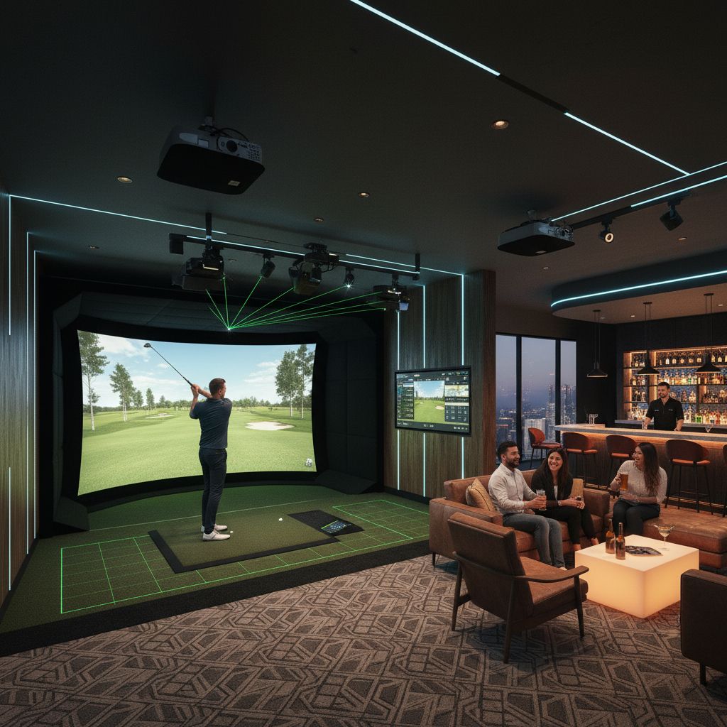 Interior view of Five Iron Golf indoor golf simulator