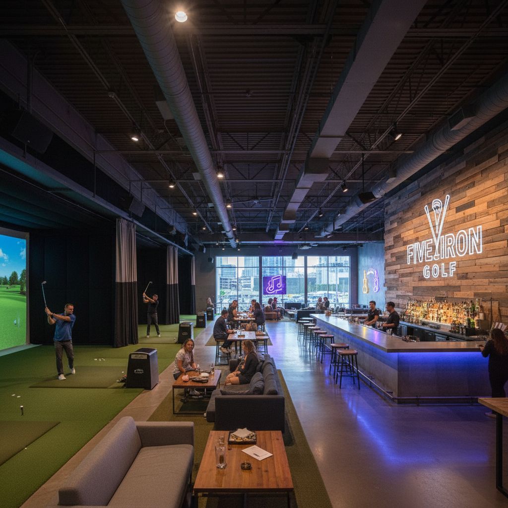 Indoor golf simulators at Five Iron Golf in Nashville