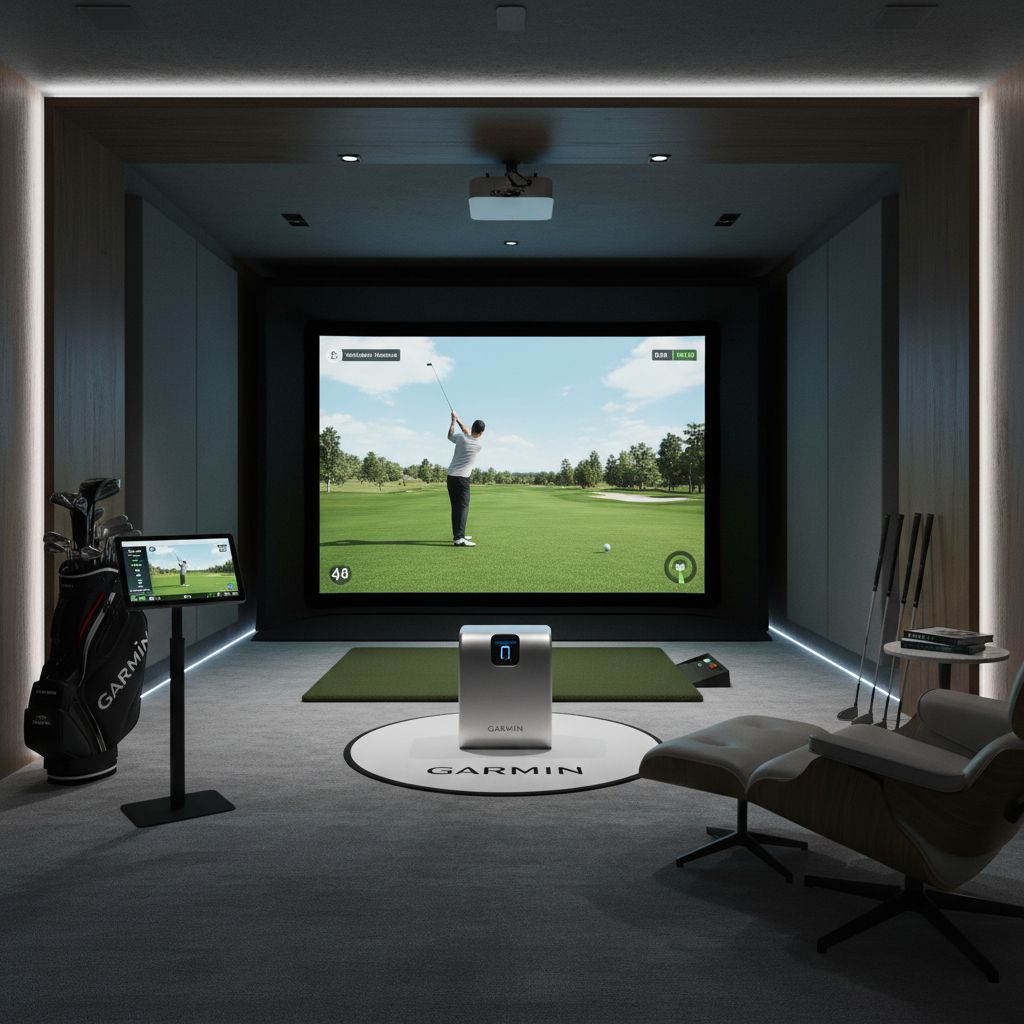 User enjoying the Garmin R50 All-In-One Golf Simulator