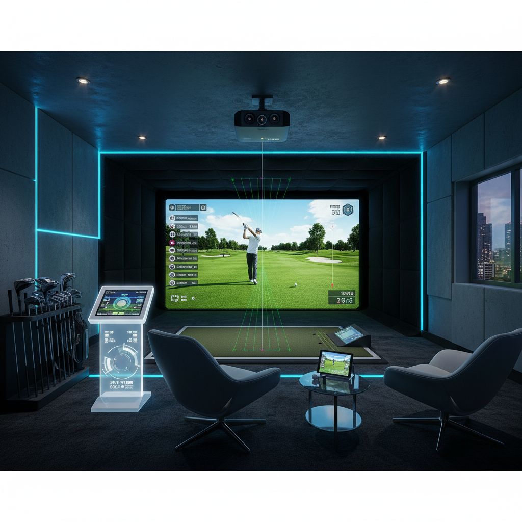 Participants engaged in a Golf VX indoor golf simulator league