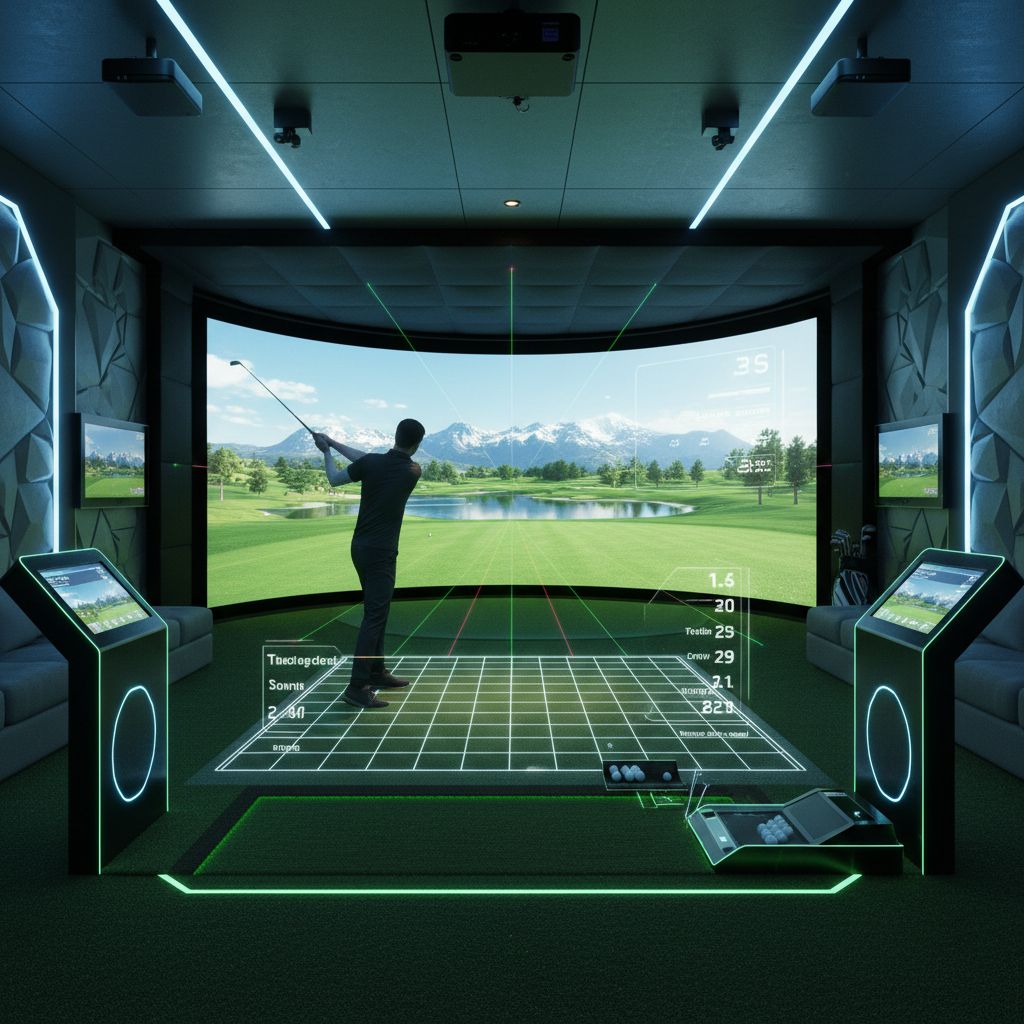 Interior view of GolfCave indoor golf facility with simulators