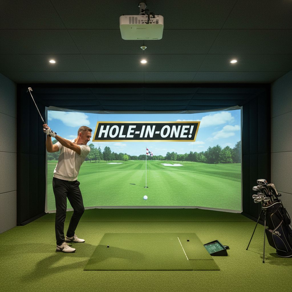 Haotong Li hitting a hole-in-one on a golf simulator