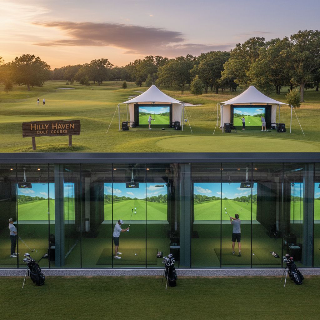Hilly Haven Golf Course offering indoor golf simulators and outdoor winter trails.